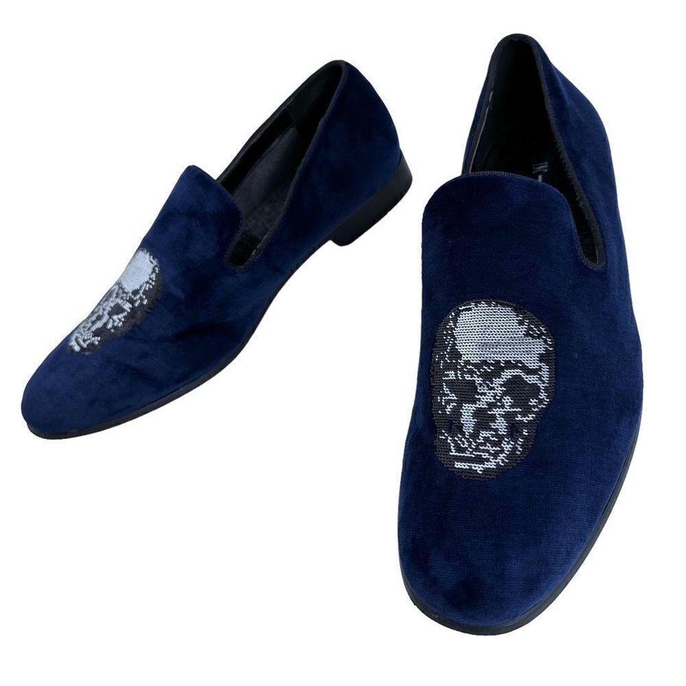 International Concepts Blue Velvet Skull Loafers Men’s Size 13 - Picture 2 of 11
